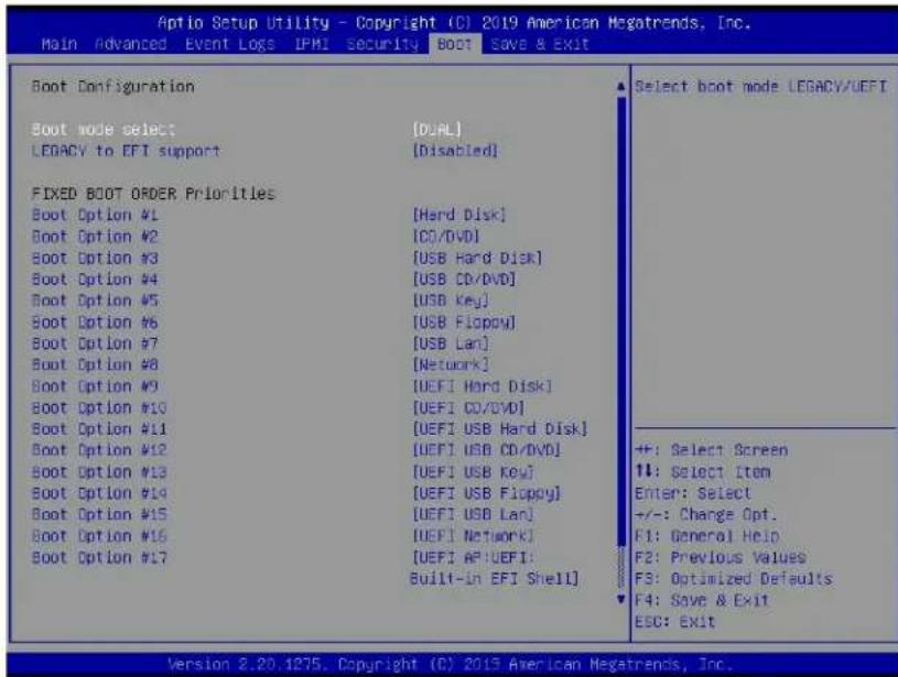 Aptio Setup Utility - Copyright (C) 2019 American Megatrends, Inc. Main Advanced Event Logs IPMI Security BOOT SAVE & EXIT Boot Configuration Boot mode select: [DUAL] LEGACY to EFI support [Disabled] FIXED BOOT ORDER Priorities Boot Option #1 [Hard Disk] Boot Option #2 [CD/DVD] Boot Option #3 [USB H…