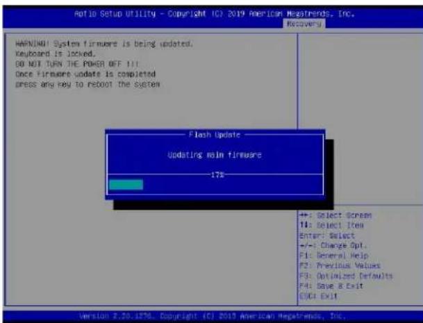Aptio Setup Utility - Copyright 1C: 2019 American MegaThreads, Inc. Recovery HANUNIWI System firmware is being updated. Keyboard is locked. DO NOT TURN THE POWER OFF 111 Once firmware update is completed dress any key to reboot the system Flash Update Updating main firmware 178 +: Select Screen 14:…