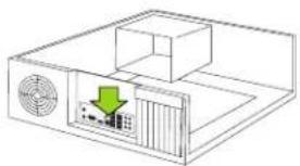 Line drawing of a computer setup with ventilation fan and internal components (no text or symbols)