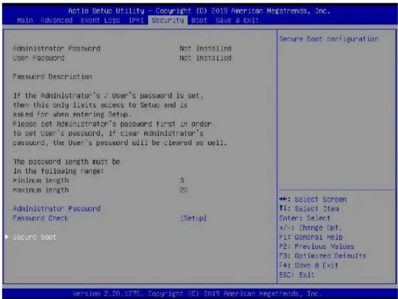 Antio Setup Utility - Copyright (C) 2019 American Megatrends, Inc. Main Advanced Event Loss IPMI Security Boot Save & Exit Administrator Password Not Installed User Password Not Installed Password Description If the Administrator's / User's password is set, then this only limits access to Setup and…