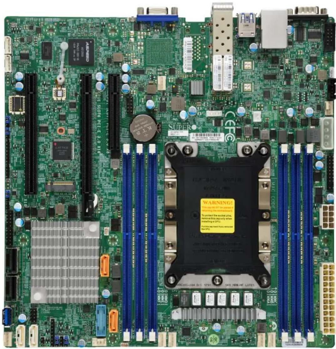 Close-up of a green computer motherboard with visible CPU socket, RAM slots, and various ports (no readable text or symbols)