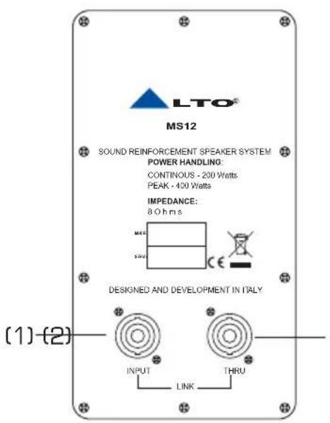 LTO® MS12 SOUND REINFORCEMENT SPEAKER SYSTEM POWER HANDLING: CONTINUOUS - 200 Watts PEAK - 400 Watts IMPEDANCE: 8 Ohms DESIGNED AND DEVELOPMENT IN ITALY [1]-(2) INPUT LINK THRU