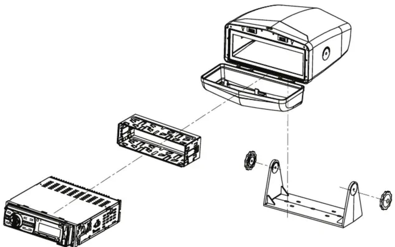 Technical diagram showing exploded view of a device assembly with labeled components including a box, case, and base.