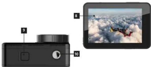 Diagram showing a camera module with labeled parts and an aerial photo of clouds in the sky.