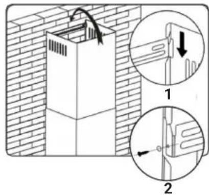 Technical diagram showing a brick chimney with two views of a pipe fitting, labeled 1 and 2, illustrating structural changes.