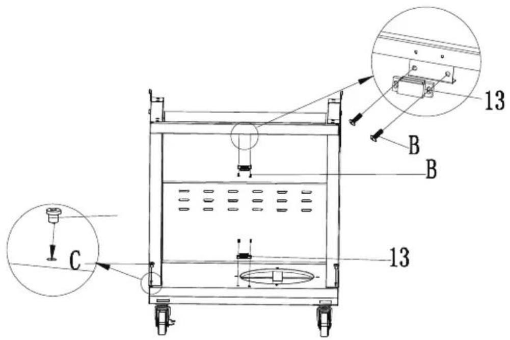 Technical diagram of a mechanical device with labeled components and cross-sectional views