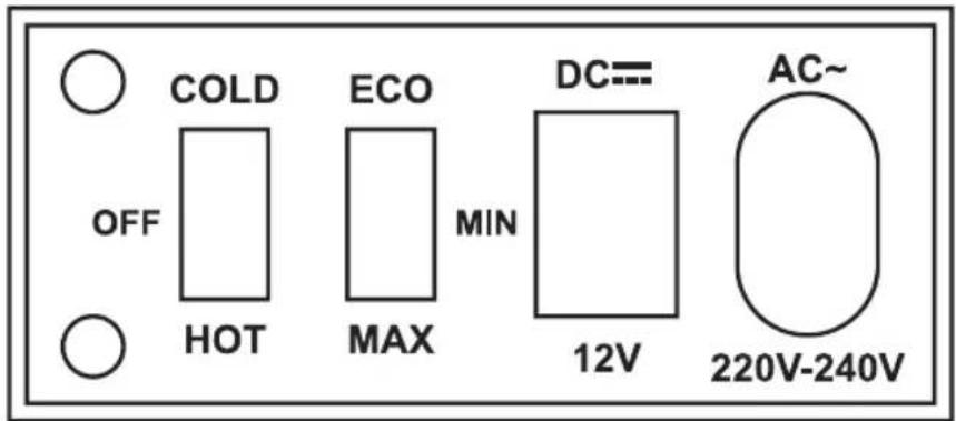 COLD ECO DC= AC~ OFF HOT MAX MIN 12V 220V-240V
