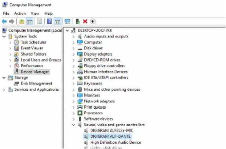 Computer Management File Action View Help Computer Management (Local System Tools > Task Scheduler > Event Viewer > Shared Folders > Local Users and Groups > Performance > Device Manager > Storage > Disk Management > Services and Applications DESKTOP-U0CF7KK > Audio inputs and outputs > Computer > Disk drives > Display adapters > DVD/CD-ROM drives > Floppy drive controllers > Human Interface Devices > IDE ATA/ATAPI controllers > Keyboards > Mice and other pointing devices > Monitors > Network adapters > Print queues > Processors > Software devices > Sound, video and game controllers DIGRAM ALP222e-MIC DIGRAM ALP-DANTE High Definition Audio Device visibly click driver