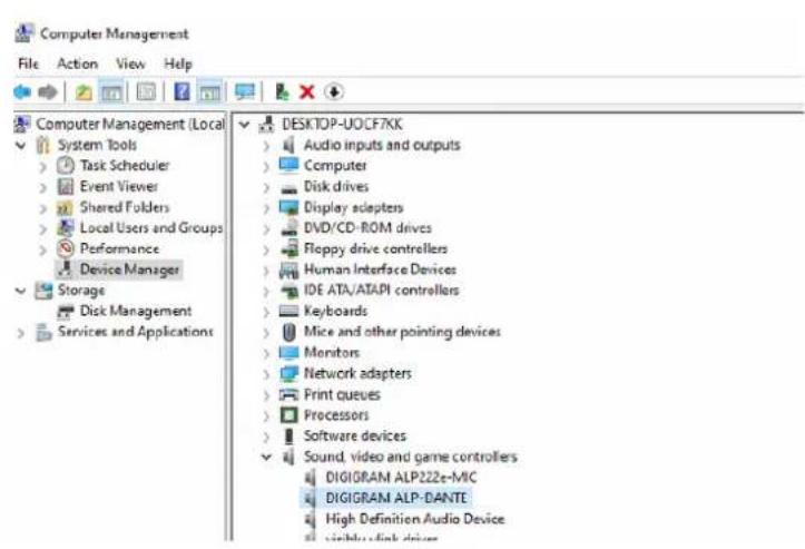 Computer Management File Action View Help Computer Management (Local System Tools > Task Scheduler > Event Viewer > Shared Folders > Local Users and Groups > Performance Device Manager Storage Disk Management Services and Applications DESKTOP-UOCF7KK > Audio inputs and outputs > Computer > Disk drives > Display adapters > DVD/CD-ROM drives > Floppy drive controllers > Human Interface Devices > IDE ATA/ATAPI controllers > Keyboards > Mice and other pointing devices > Monitors > Network adapters > Print queues > Processors > Software devices Sound, video and game controllers DIGIGRAM ALP222e-MIC DIGIGRAM ALP-DANTE High Definition Audio Device Windows disk drivers