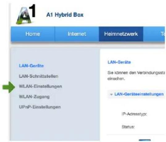 A1 Hybrid Box Home Internet Heimnetzwerk Te LAN-Geräte LAN-Schnittstellen LAN-Geräte WLAN-Einstellungen Sie können den Verbindungssta einsehen. WLAN-Zugang LAN-Geräteeinstellungen UPnP-Einstellungen IP-Adresstyp: Status: