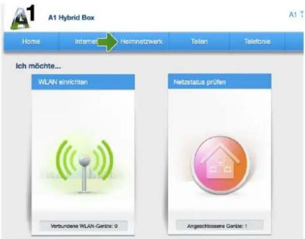 A1 Hybrid Box Home Internet Helmnetzwerk Teilen Telefonie Ich möchte... WLAN einrichten Verbundene WLAN-Garäte: 0 Netzstatus prüfen Angeschlossene Garäte: 1