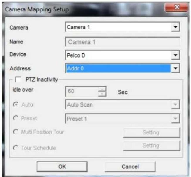 Camera Mapping Setup Camera Camera 1 Name Camera 1 Device Pelco D Address Addr 0 PTZ Inactivity Idle over 60 Sec Auto Auto Scan Preset Preset 1 Multi Position Tour Setting Tour Schedule Setting OK Cancel