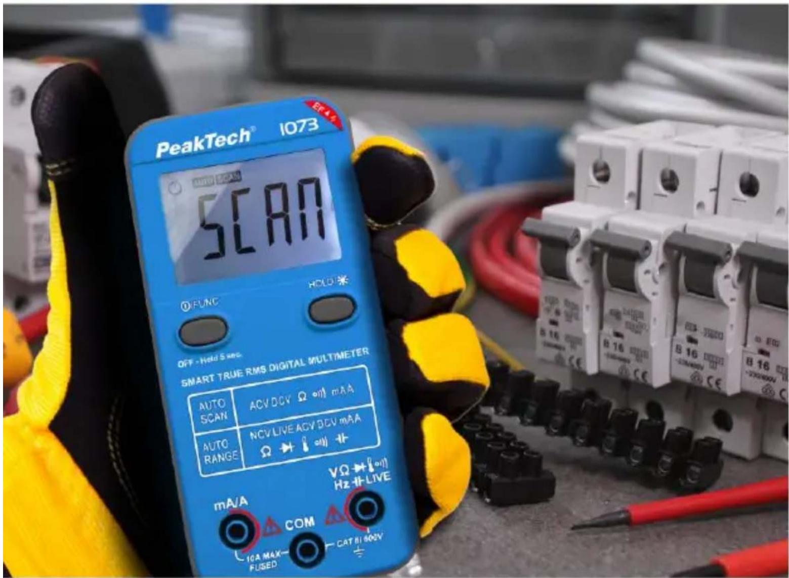 PeakTech® 1073 SCAN OFF - Hold 5 sec SMART TRUE RMS DIGITAL MULTIMETER AUTO SCAN ACV DCV Ω on mA AUTO RANGE NCV LIVE ACV DCV mAA Ω → ↓ on + + mA/A COM 10A MAX- FUSED CAT BI 902V VΩ → ↑ on Hz ↑ live
