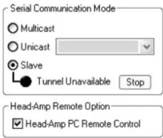 Serial Communication Mode ○ Multicast ○ Unicast ● Slave ● Tunnel Unavailable Stop Head-Amp Remote Option ✓ Head-Amp PC Remote Control