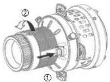Technical diagram of a camera lens with labeled parts and directional arrows indicating rotation or movement.