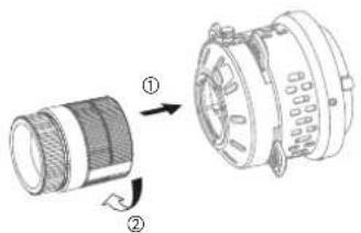 Technical diagram showing a mechanical component with labeled parts and directional arrows indicating assembly or transformation.