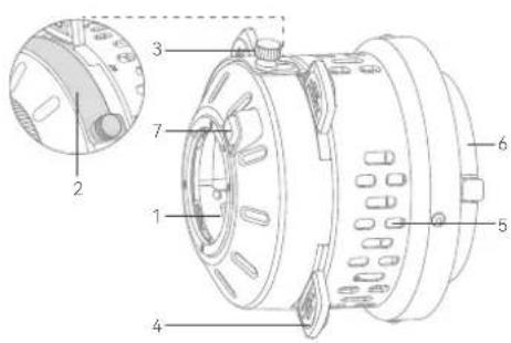 Technical diagram of a mechanical device with numbered components and an inset view showing a close-up detail.