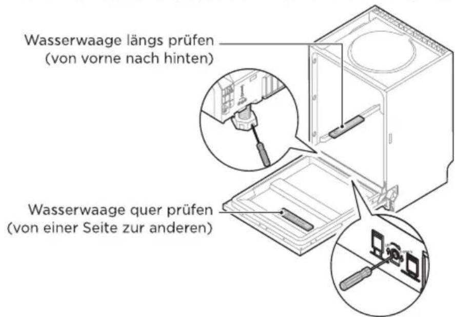 Wasserwaage längs prüfen (von vorne nach hinten) Wasserwaage quer prüfen (von einer Seite zur anderen)