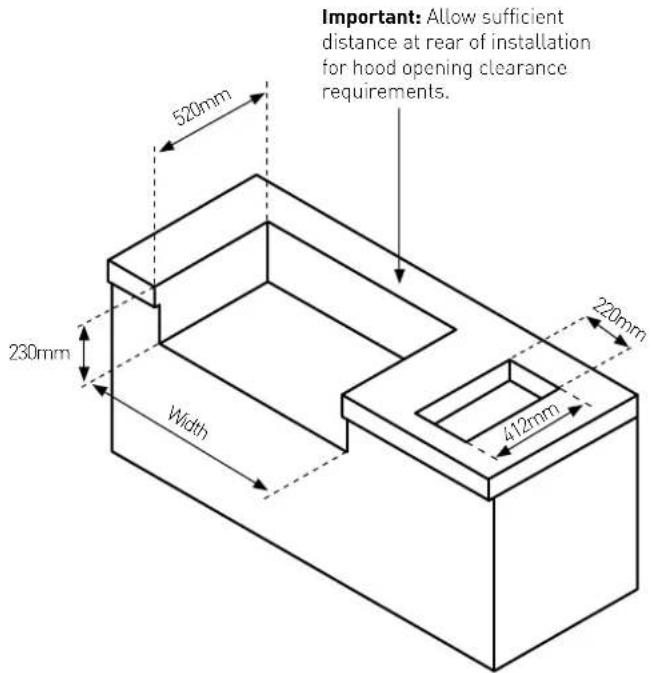 Important: Allow sufficient distance at rear of installation for hood opening clearance requirements. 520mm 230mm Width 220mm 412mm