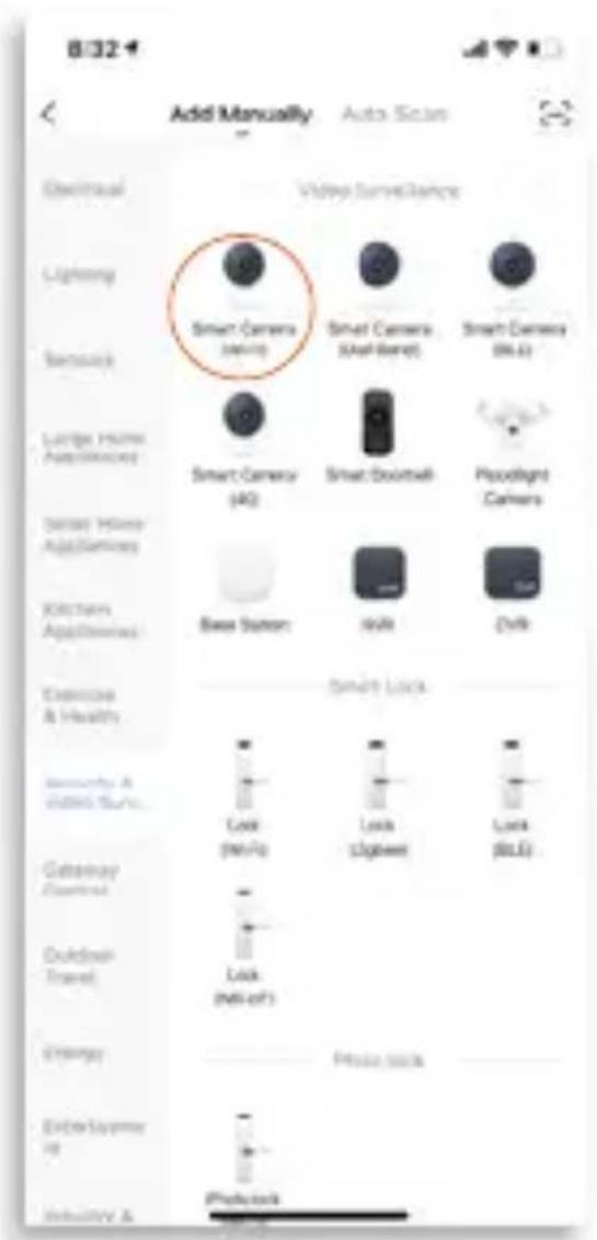 8:32 Add Manually Video Surveillance Smart Camera (AVG) Smart Camera (Aval Ramp) Smart Camera (RL6) Smart Camera (40) Smart Doorbell Pipodight Camers Base Station NV8 DVR Exercise & Health Smart Lock Lock (NV10) Lock (Ligbee) Lock (SLE) Security & DVD Bus... Gateway Control Lock (NV10) Lock (NV10) L…