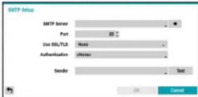 SMTP Setup SMTP Server Port 20 Use SSL/TLS None Authentication None Sender Test OK Cancel