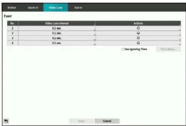 Motion Alarm-In Video Loss Text In Event No. Video Loss Interval Actions 1 0.1 sec. 2 0.1 sec. 3 0.1 sec. 4 0.1 sec. Use Ignoring Time Show Setup... Save Cancel