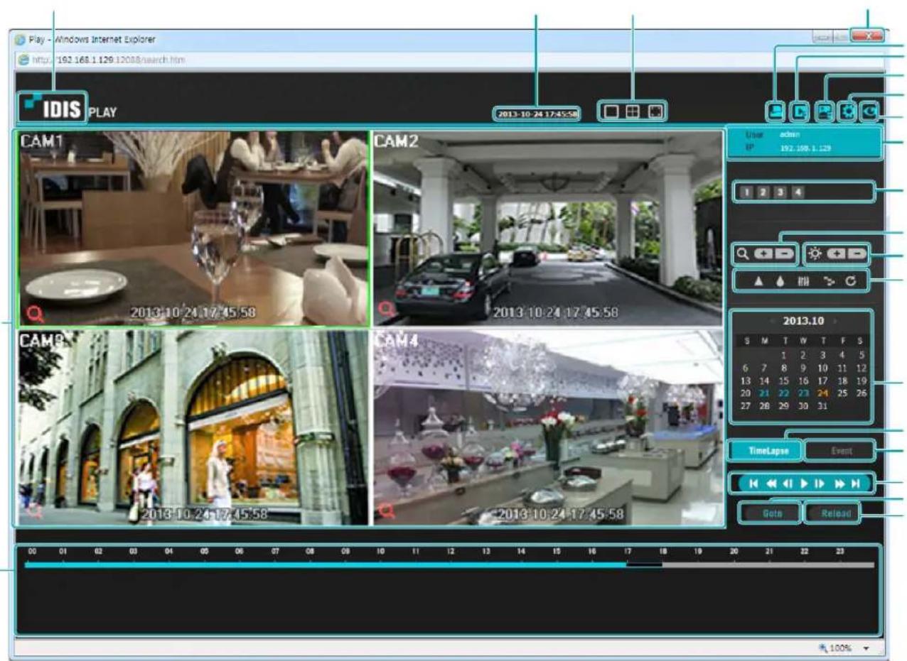 Play - Windows Internet Explorer http://192.168.1.129.12008/search.htm/ IDIS PLAY CAM1 2013.10.24 17:45:58 CAM2 2013.10.24 17:45:58 CAM3 2013.10.24 17:45:58 CAM4 2013.10.24 17:45:58 User admin IP 192.108.1.129 1 2 3 4 2013.10 S M T W T F S 1 2 3 4 5 6 7 8 9 10 11 12 13 14 15 16 17 18 19 20 21 22 23 24 25 26 27 28 29 30 31 TimeLapse Event Getn Reload 00 01 02 03 04 05 06 07 08 09 10 11 12 100%