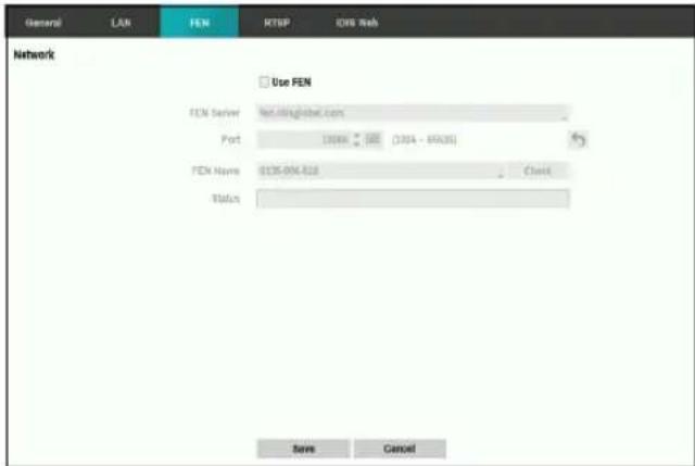 General LAN FEN RTSP DNS Web Network Use FEN FEN Server fin.linglobal.com Port (300K) 58E (304 - 65626) FEN Name 8135-004.818 Check Status Save Cancel