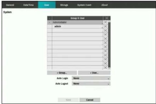 General Date/Time User Storage System Event About System Group 6 User Administrator admin Group... User... Auto Login Never Auto Lognot Never Save Cancel