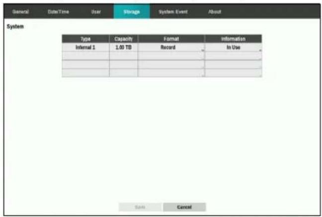 General Date/Time User Storage System Event About System Type Capacity Format Information Internal 1 1.00 TB Record In Use Save Cancel
