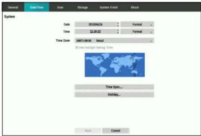 General Date/Time User Storage System Event About System Date 2018/04/24 Format Time 11:30:22 Format Time Zone GMT+09:00 Seoul Use Daylight Saving Time Time Sync... Holiday... Save Cancel