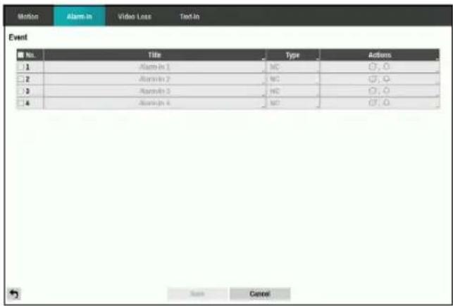Motion Alarm In Video Loss Text In Event No. Title Type Actions 1 Alarm In 1 MC ○, ○ 2 Alarm In 2 MC ○, ○ 3 Alarm In 3 MC ○, ○ 4 Alarm In 4 MC ○, ○ Save Cancel