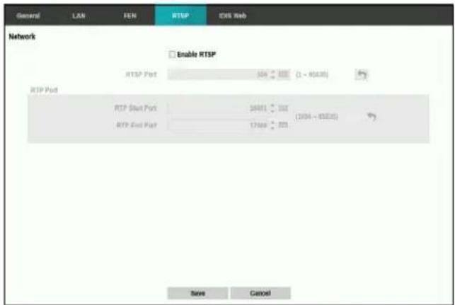 General LAN FEN RTSP IDS Web Network Enable RTSP RTSP Port 104 100 (L - 95038) RTSP Port RTP Start Port 24811 102 RTP End Port 17669 201 Save Cancel