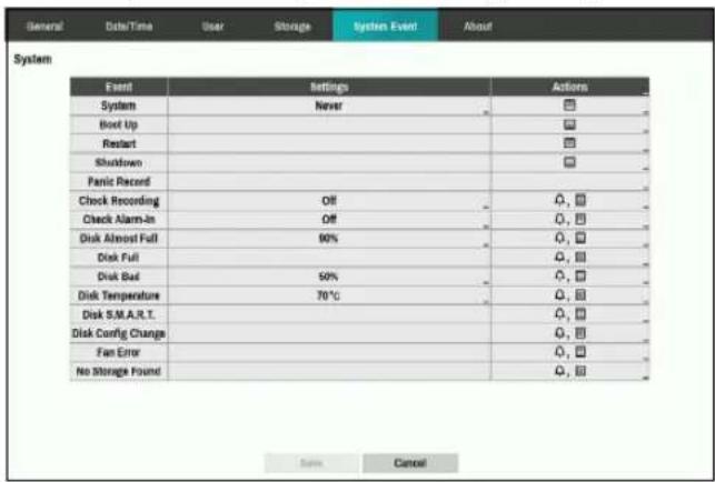 General Date/Time User Storage System Event About System Event Settings Actions System Never Boot Up Restart Shutdown Ferric Record Clock Recording Off Check Alarm-In Off Disk Almost Full 90% Disk Full Disk Bad 90% Disk Temperature 70°C Disk S.M.A.R.T. Disk Config Change Fan Error No Storage Found Cancel