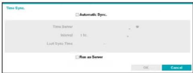 Time Sync. Automatic Sync. Time Server Interval 1 hr. Last Sync Time Run as Server OK Cancel
