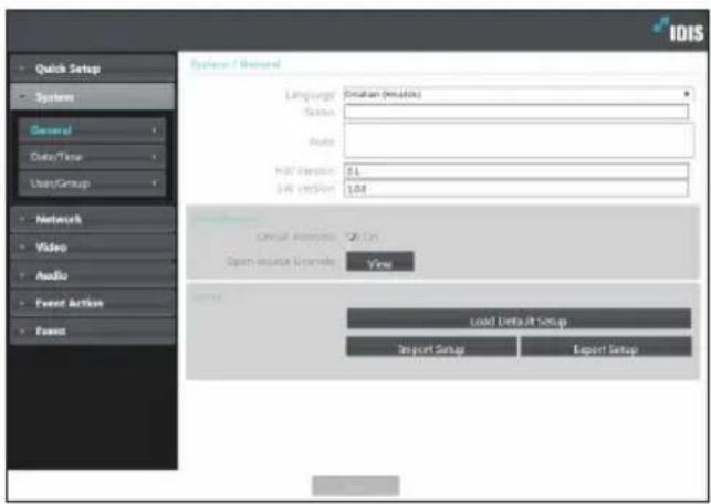 Quick Setup System General Data/Time User/Group Networks Video Audio Event Active Event Systems / General Language: Enplan (Enplan) Balance: Auto: HAT Version: 0.1 LAD Edition: 1.04 Critical Options: On Open output Scope: View Load Default Setup Import Setup Export Setup