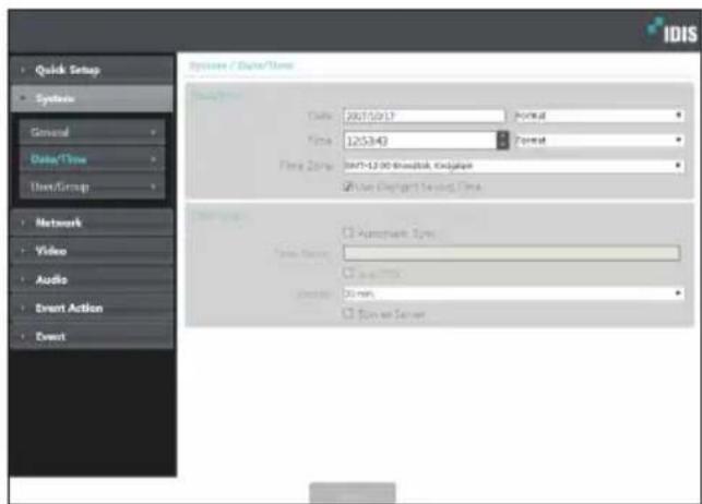 IDIS Quick Setup Systems General Data/Time User/Group Network Video Audio Event Action Event Systems / Data/Time Data Time Time: 2007/02/17 Format 125340 Format BNT-12.00 Audiotek, Audiotek Use Displayset Forward Time AutoTrack Sys. Audio Sys. Video: 30 min. Audio Server