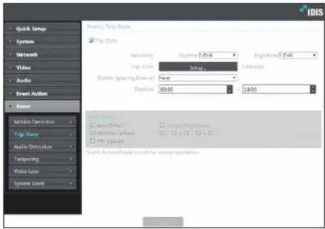 IDIS Quick Setup System Network Video Audio Event Action Event Trip Zone Trip Zone Sensitivity 0x100x2 (3x40) Brightness (3x40) Trip Zone Setup 00:00 Motion Spacing Interval Name 00:00 18:00 Event Options Serial Mail Image/Development Automotive/Upload Auto/Import Temp Signal Event As List should be set for normal options. Mission Connection Trip Zone Audio Detection Temping Video Loss System Loss