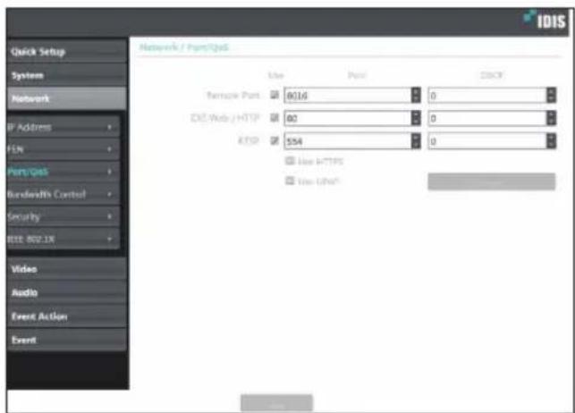 IDIS Quick Setup System Network IP Address FLN PORT/OS Benediths Control Security RTE: 802.1X Video Audio Event Action Event Network / Port/OS Name Port CSOP Network Port 8016 0 CCT Web HTTP 80 0 CSSD 554 0 Use HTTPS Use USB