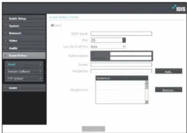 Quick Setup System Network Video Audio Event Action Event Domino Callback FTP Upload Event Event Setup - Form1 Show: START Address Print 25 Use SQL/STARTSLC Name Authentication Sender RxSentry Request List Request List Add... Send/Yr... Cancel...