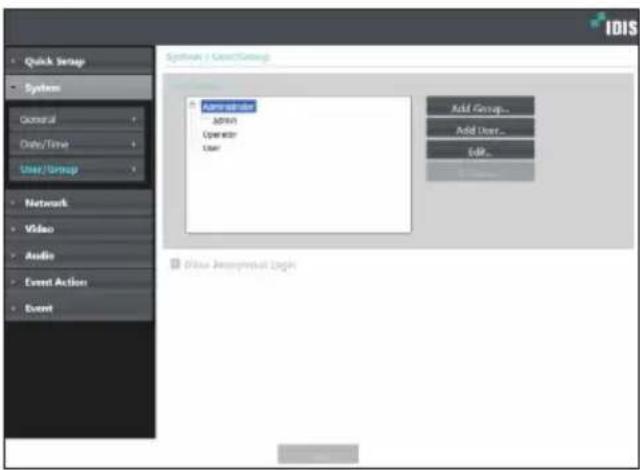Quick Setup System General Data/Time User/Group Network Video Audio Event Action Event Systems / User/Group Administrator Administrator Operator User Add Group... Add User... Edit... Delete Update Incorrect Logic