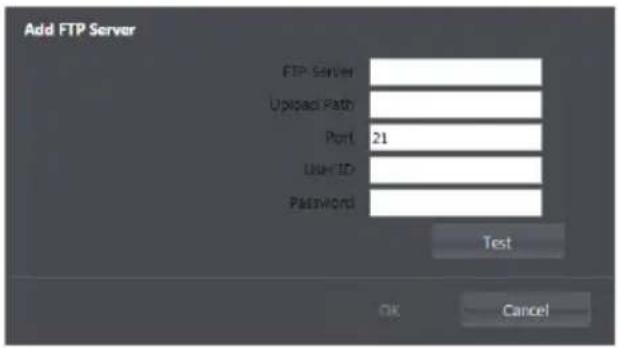 Add FTP Server FTP Server Upload Path Port 21 User ID Password Test OK Cancel