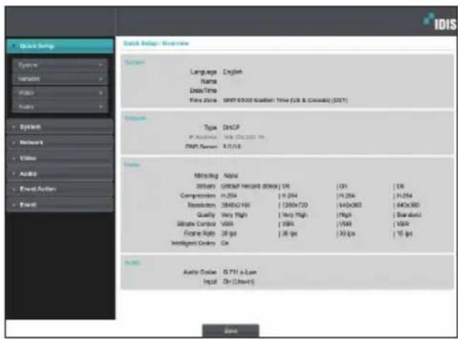 IDIS Quick Debug: Overview System Language English Name Data Time Time Zone GMT-0003 Sableton Time (GB & Canada) (GNT) Network Type DNCP IP Address: 708 (25.2222.19) PMT Server: 8.1/1.6 Profile Minority Alpha @0003 GMT-0003 @0003 @ 00 Compression: n=264 | n=264 | n=264 | n=264 Resolution: 384x3160 | 384x320 | 344x360 | 344x380 Quality: Very High | Very High | High | Average Satellite Correct: VSSR | VSSR | VSSR | VSSR Fracite Ratio: 28 fps | 28 fps | 20 fps | 15 fps Intelligent Orders: On Auto Devices: 0.711 x Low Input: On (One+) Add Add Options: Add Options: Add Options: Add Options: Add Options: Add Options: Add Options: Add Options: Add Options: Add Options: Add Options: Add Options: Add Options: Add Options: Add Options: Add Options: Add Options: Add Options: Add Options: Add Options: Add Options: Add Options: Add Options: Add Options: Add Options: Add Options: Add Options: Add Options: Add Options: Add Options: Add Options: Add Options: Add Options: Add Options: