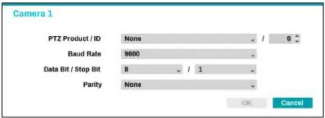 Camera 1 PTZ Product / ID None / 0 Baud Rate 9600 Data Bit / Stop Bit 8 / 1 Parity None OK Cancel