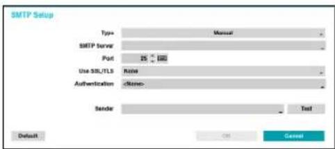 SMTP Setup Type: Manual SMTP Server Port: 25 GB Use SSL/TLS Name Authentication Sender Test Default Cancel