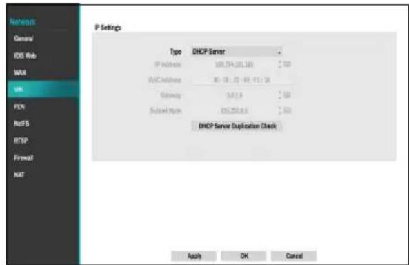 P Settings Type DHCP Server IP Address 109.254.281.369 300 AVIC Address 30: 38: 29: 40: 41: 26 Network 3.67.9 500 Subnet Mask 656.256.8.6 800 DHCP Server Duplication Check Apply OK Cancel