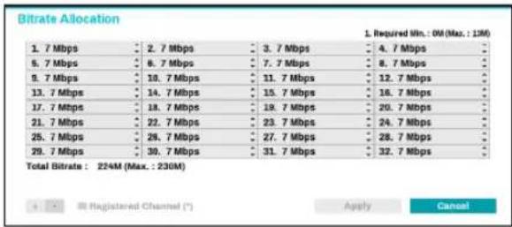 Bitrate Allocation 1. Required Min.: 0M (Max.: 13M) 1. 7 Mbps 2. 7 Mbps 3. 7 Mbps 4. 7 Mbps 5. 7 Mbps 6. 7 Mbps 7. 7 Mbps 8. 7 Mbps 9. 7 Mbps 10. 7 Mbps 11. 7 Mbps 12. 7 Mbps 13. 7 Mbps 14. 7 Mbps 15. 7 Mbps 16. 7 Mbps 17. 7 Mbps 18. 7 Mbps 19. 7 Mbps 20. 7 Mbps 21. 7 Mbps 22. 7 Mbps 23. 7 Mbps 24. 7 Mbps 25. 7 Mbps 26. 7 Mbps 27. 7 Mbps 28. 7 Mbps 29. 7 Mbps 30. 7 Mbps 31. 7 Mbps 32. 7 Mbps Total Bitrate: 224M (Max.: 230M) + - @ Registered Channel (*) Apply Cancel