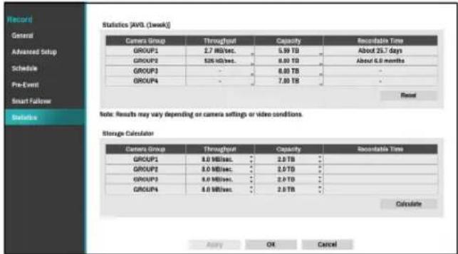 Record General Advanced Setup Schedule Pre-Event Smart Follower Statistics AV3 (week) Camera Group Throughput Costody Rccumtable Time GROUP1 2.7 MB/sec.. 5.99 TB About 25.7 days GROUP2 526 MB/sec.. 8.00 TB About 6.0 months GROUP3 - 6.00 TB - GROUP4 - 7.00 TB - Reset Note: Results may vary depending on camera settings or video conditions. Storage Calculator Camera Group Throughput Costody Rccumtable Time GROUP1 8.0 MB/sec.. 2.0 TB GROUP2 8.0 MB/sec.. 2.0 TB GROUP3 8.0 MB/sec.. 2.0 TB GROUP4 8.0 MB/sec.. 2.0 TB Calculate Apply OK Cancel
