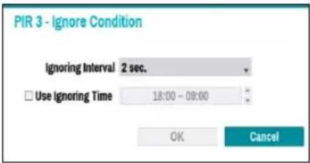 PIR 3 - Ignore Condition Ignoring Interval 2 sec. Use Ignoring Time 18:00 - 09:00 OK Cancel