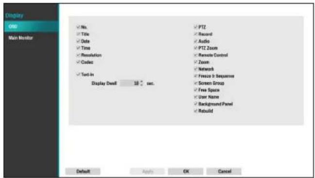 Display OND Main Monitor No. Title Date Time Resolution Codec Text-In Display Dwell 30 sec. PTZ Reward Audio PTZ Zooms Remote Control Zoom Network Freeze 9 Sequences Screen Group Free Space User Name Background Panel Rebuild Default Apply OK Cancel
